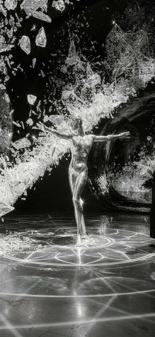 Glass Figure Bursting Into Shards Before Two Onlookers