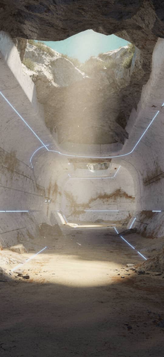 Abandoned Concrete Tunnel with Blue Lights