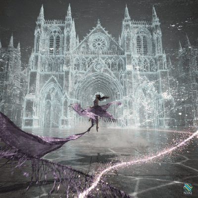 Dancer Twirling Before Luminous Gothic Cathedral