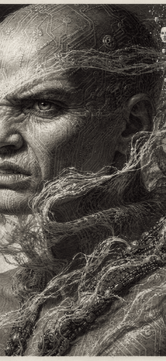 Cyborg Man with Ascending Digital Faces