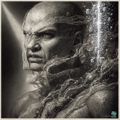 Cyborg Man with Ascending Digital Faces