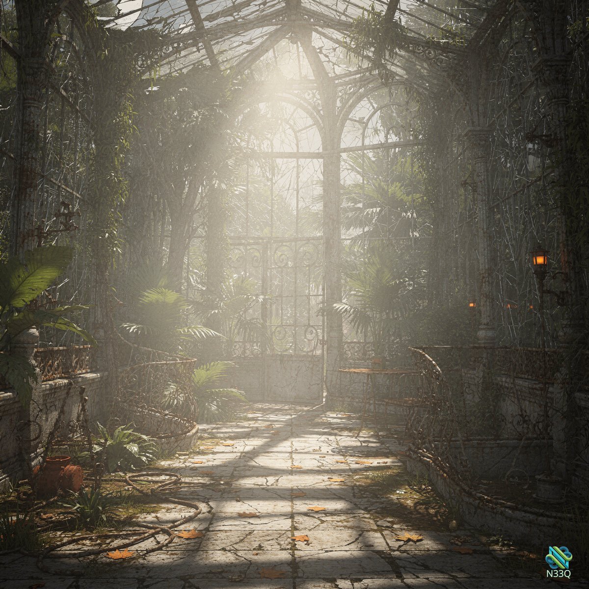 Sunlit Overgrown Greenhouse Stone Path