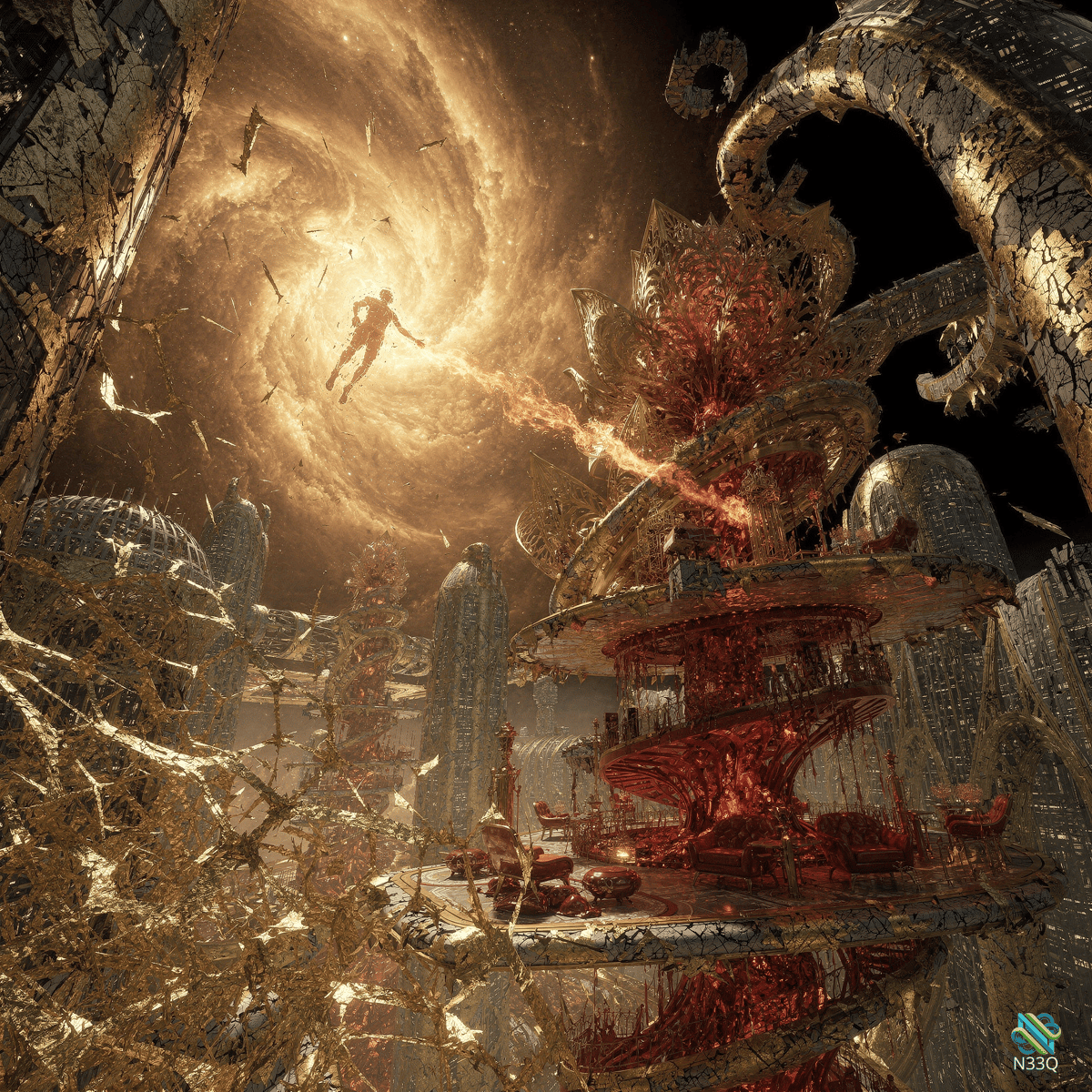 Figure Soaring Toward Golden Spiral Galaxy