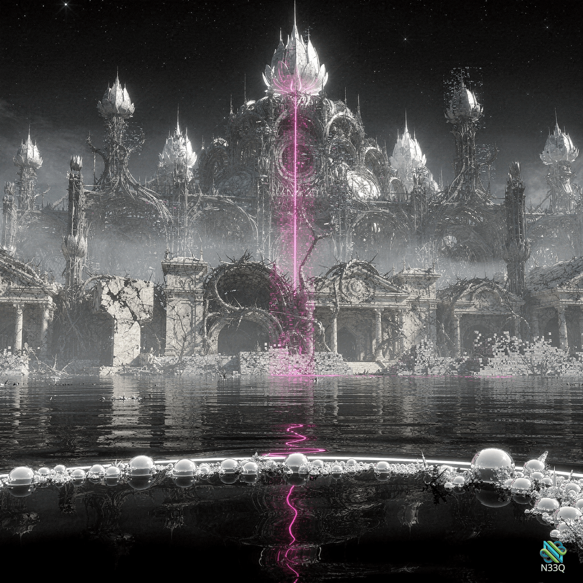 Crystalline Ruins with Pink Lightning Strike