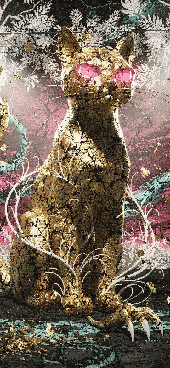 Cracked Golden Cat with Pink Eyes