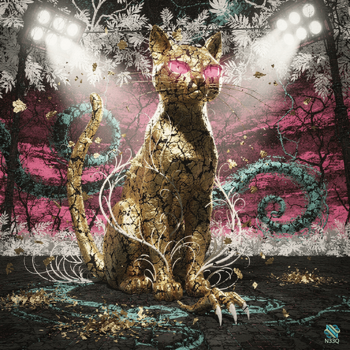 Cracked Golden Cat with Pink Eyes