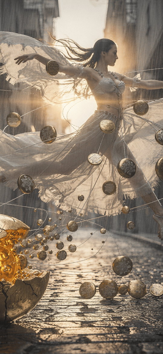 Dancer Leaping Over Broken Circuit Sphere in Rainy Alley