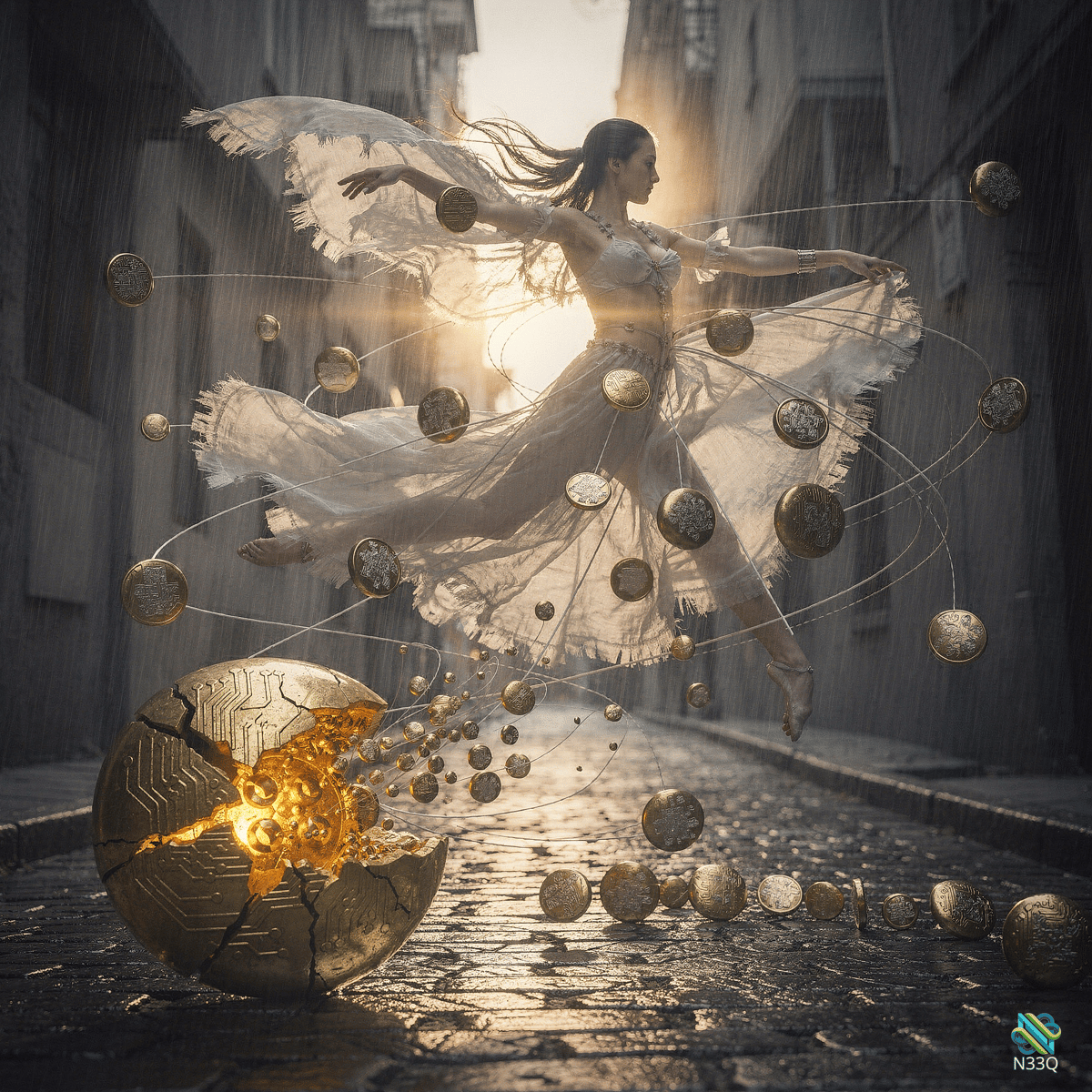 Dancer Leaping Over Broken Circuit Sphere in Rainy Alley