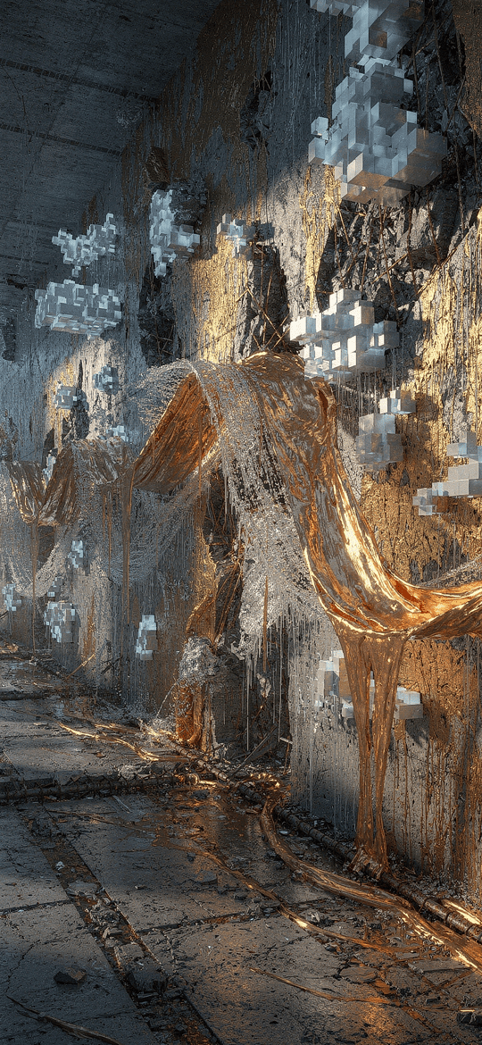 Derelict Concrete Corridor with Molten Gold and Pixels