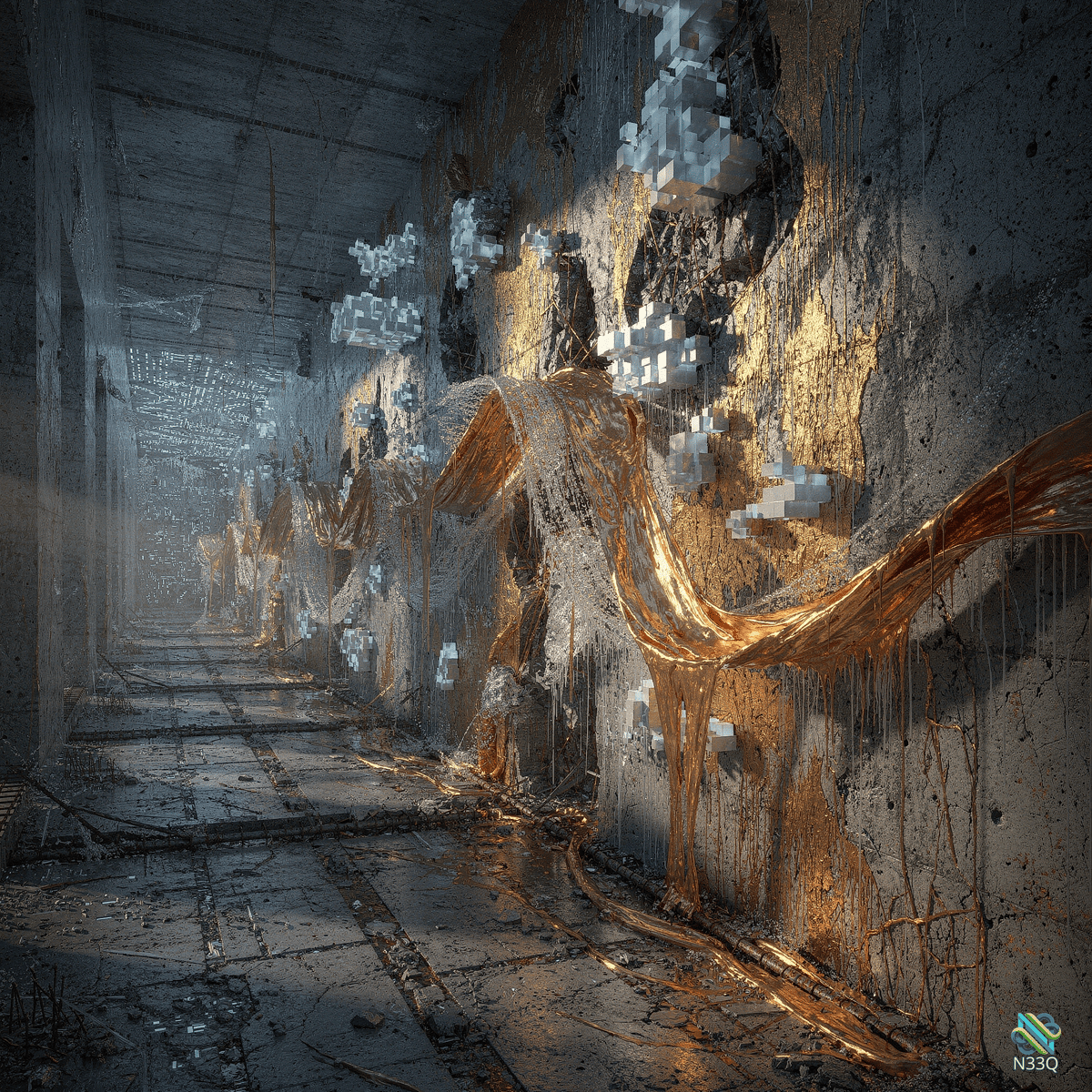 Derelict Concrete Corridor with Molten Gold and Pixels