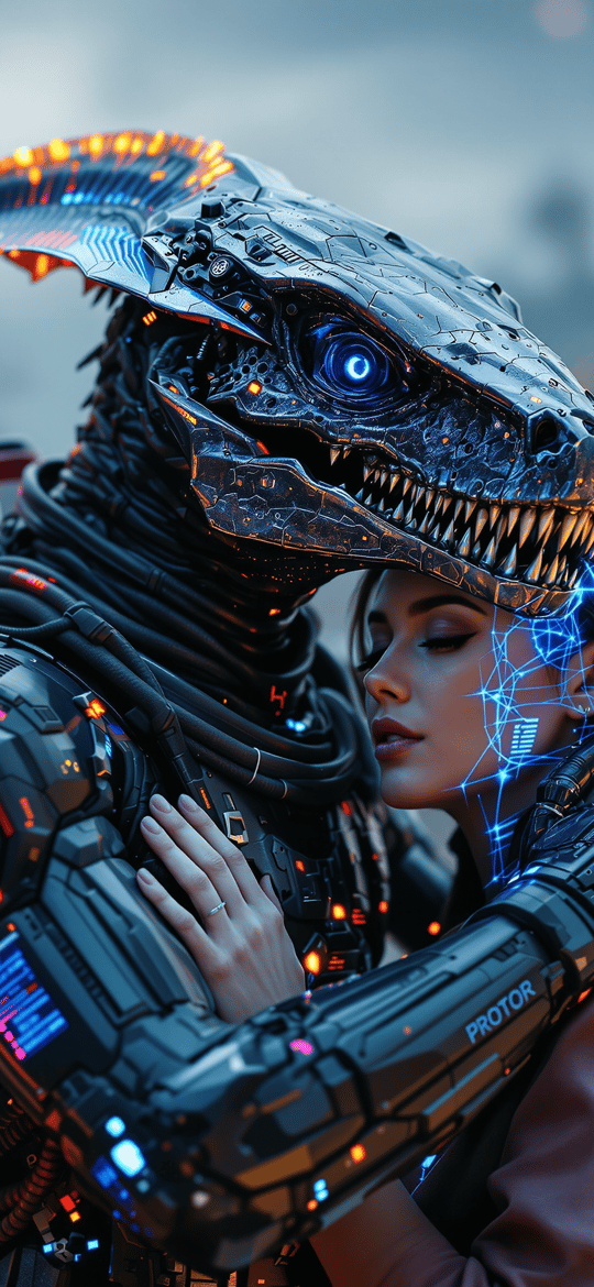 Cyborg T-Rex Embracing Woman in Neon City