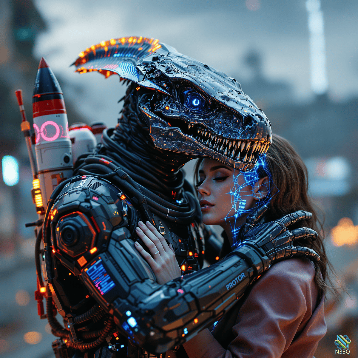 Cyborg T-Rex Embracing Woman in Neon City