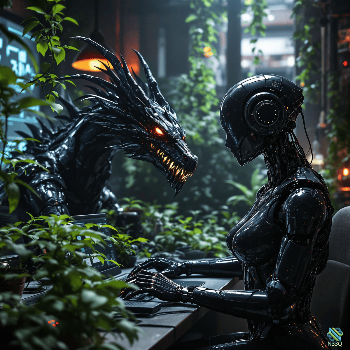 Cyborg Facing Black Dragon at Desk