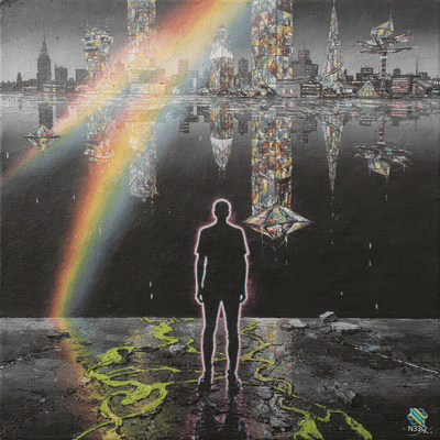 Glowing Silhouette Facing a Mirrored Stained-Glass City