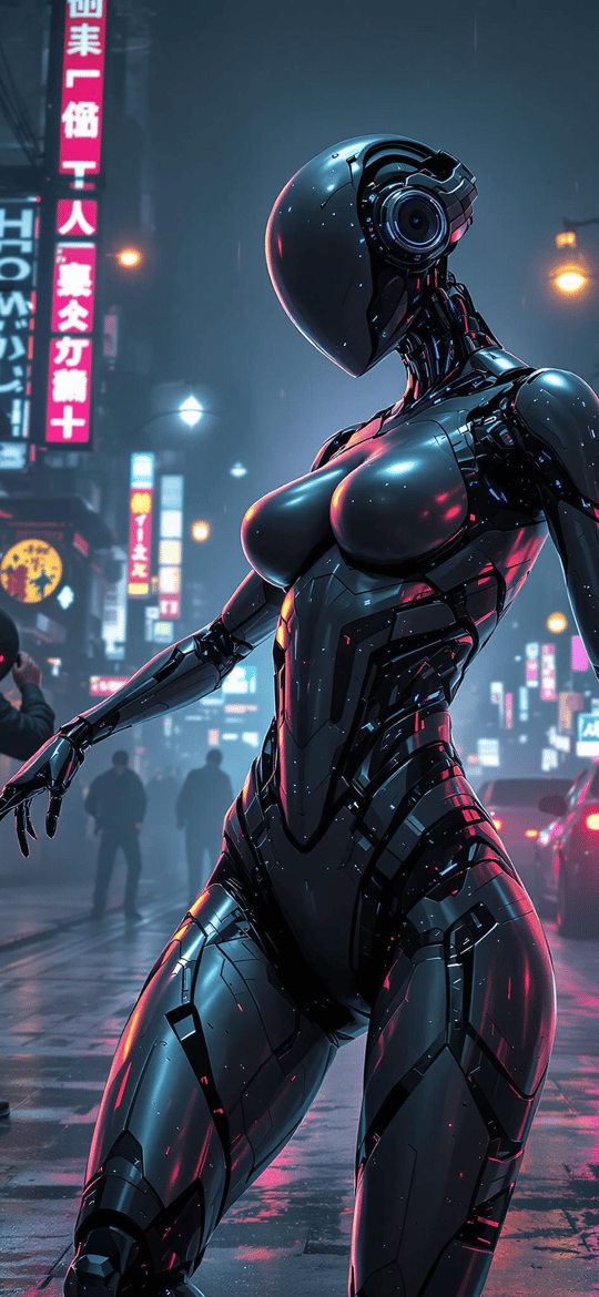 Female Android in Neon Cyberpunk Rain