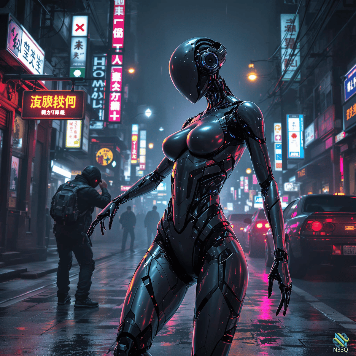 Female Android in Neon Cyberpunk Rain