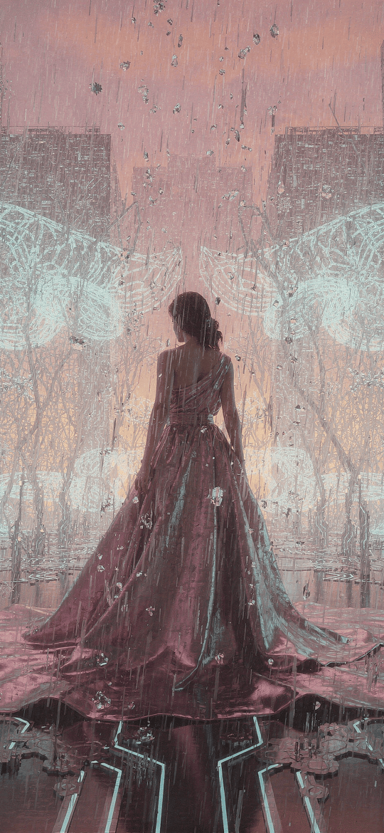 Woman in a Pink Gown on a Glowing Circuit Floor
