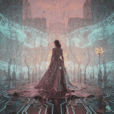 Woman in a Pink Gown on a Glowing Circuit Floor