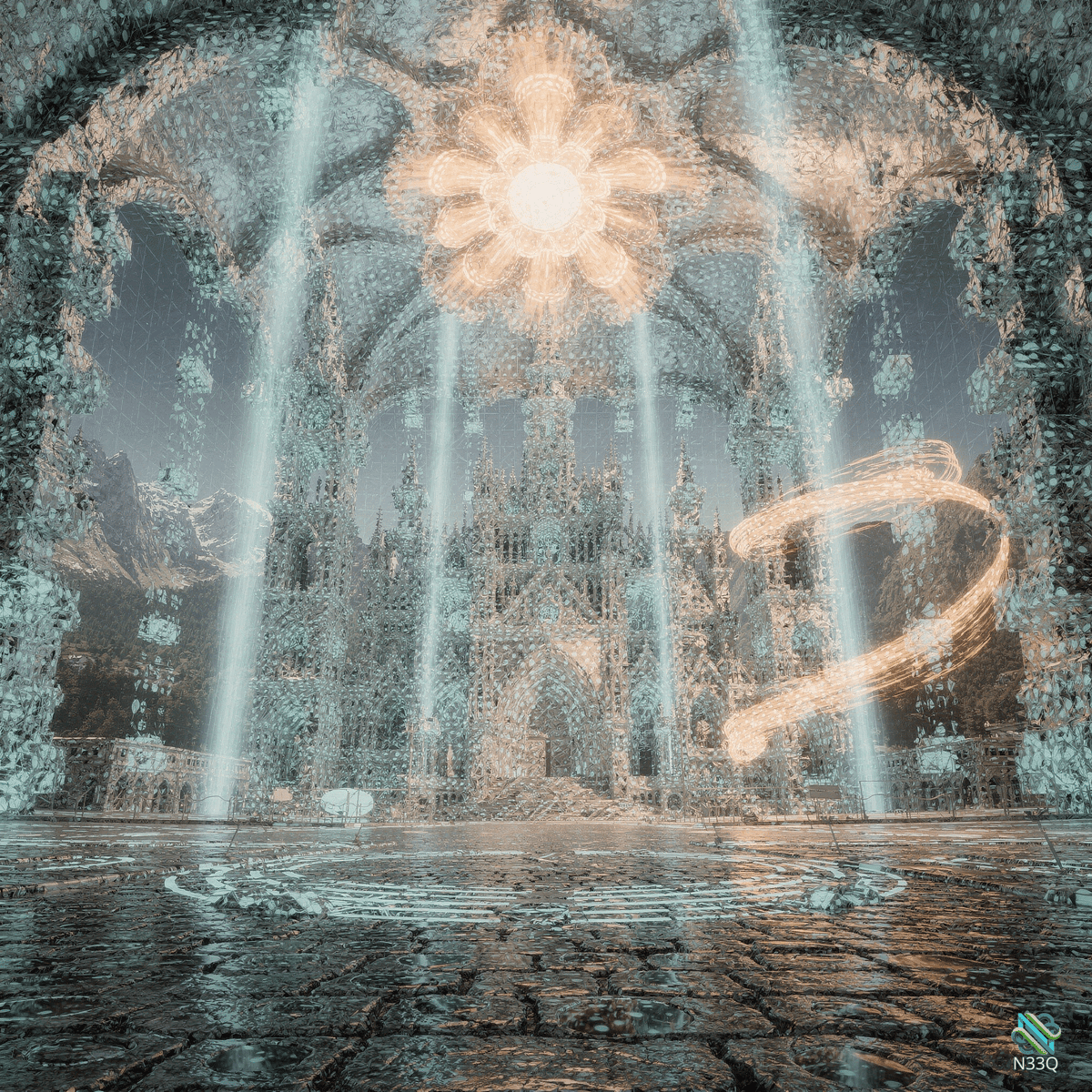 Gothic Cathedral with Golden Light Swirls