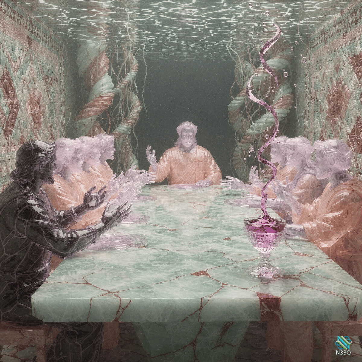 Ethereal Smoke Figures at Underwater Marble Table