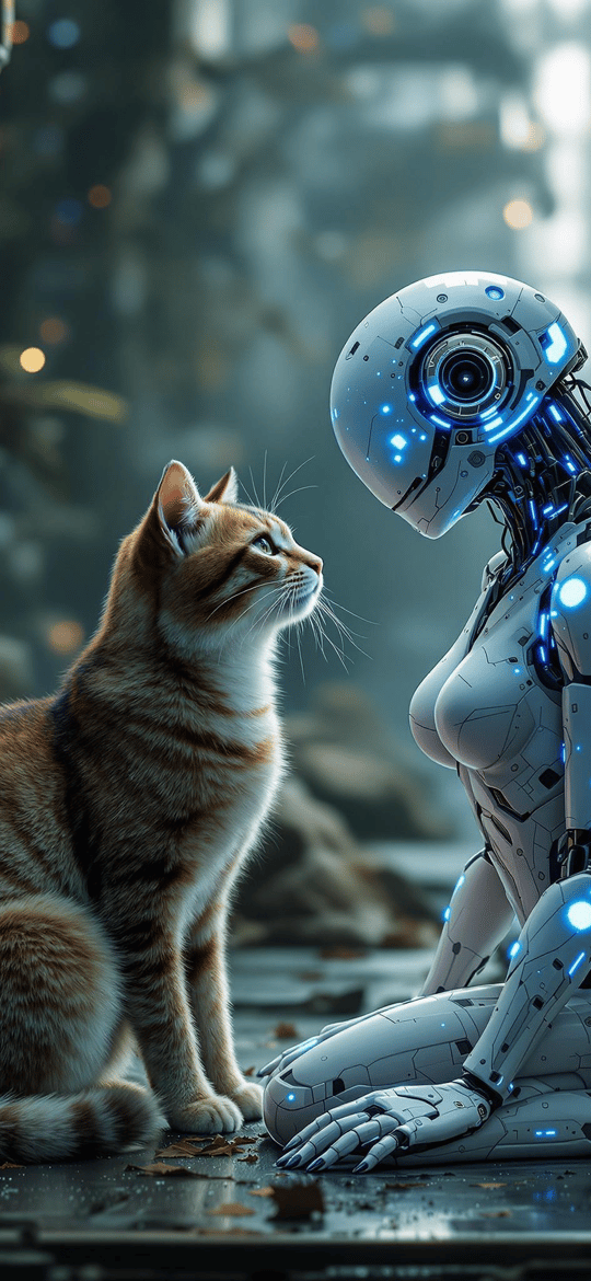 Robot Kneeling Before Orange Tabby Cat