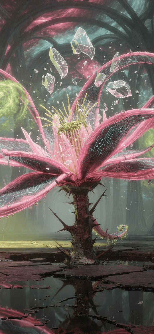 Pink Thorny Flower Amid Floating Crystals