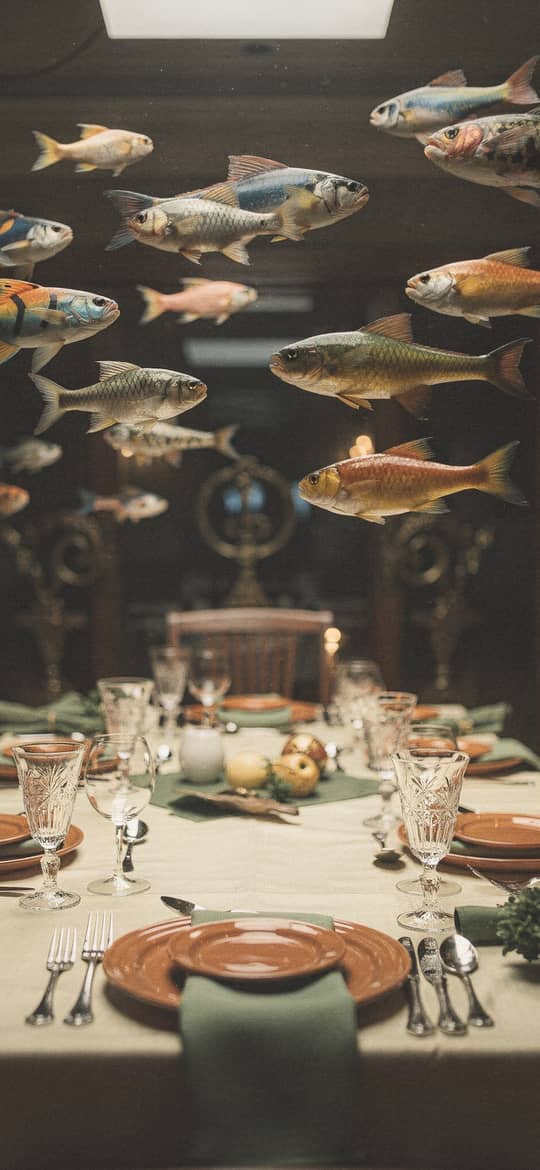 Colorful Fish Swimming Over Formal Dining Table