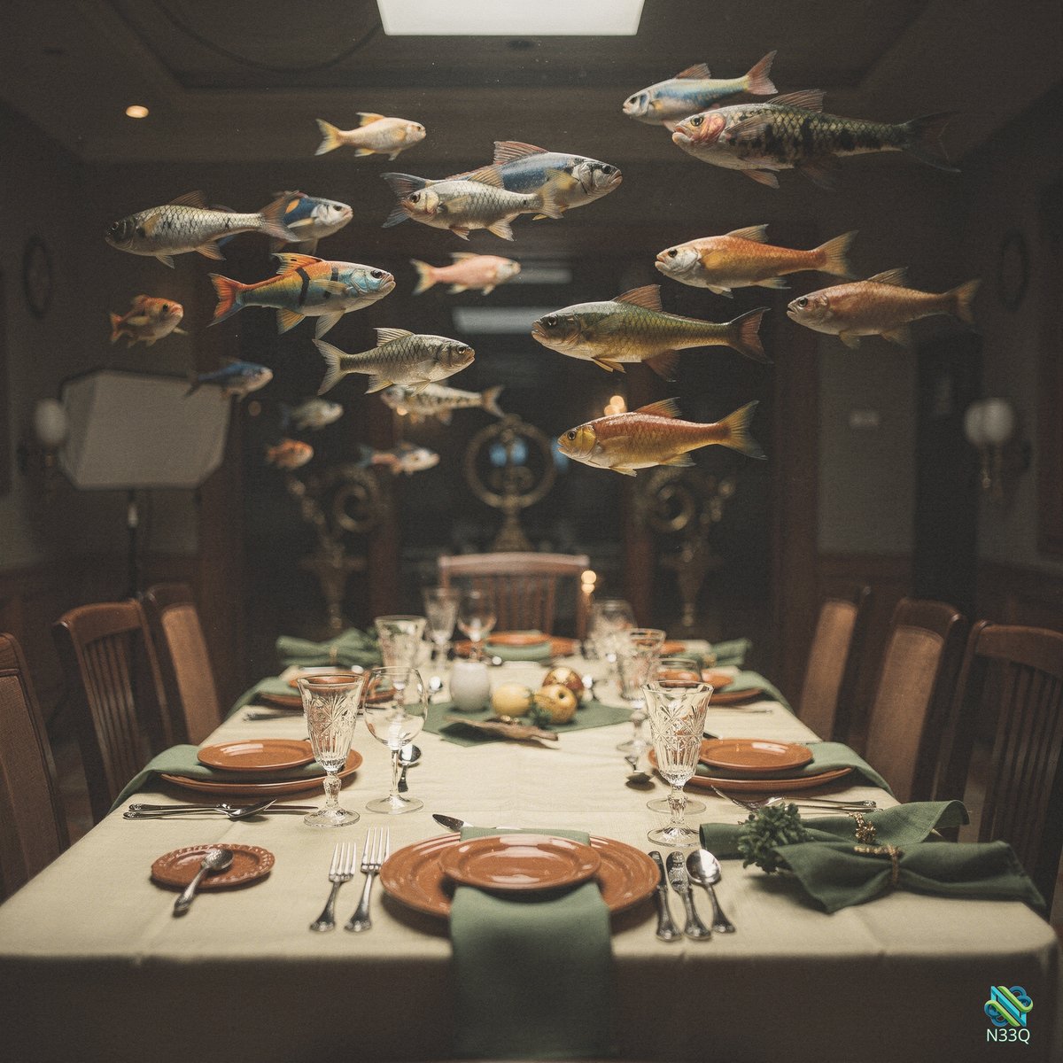 Colorful Fish Swimming Over Formal Dining Table