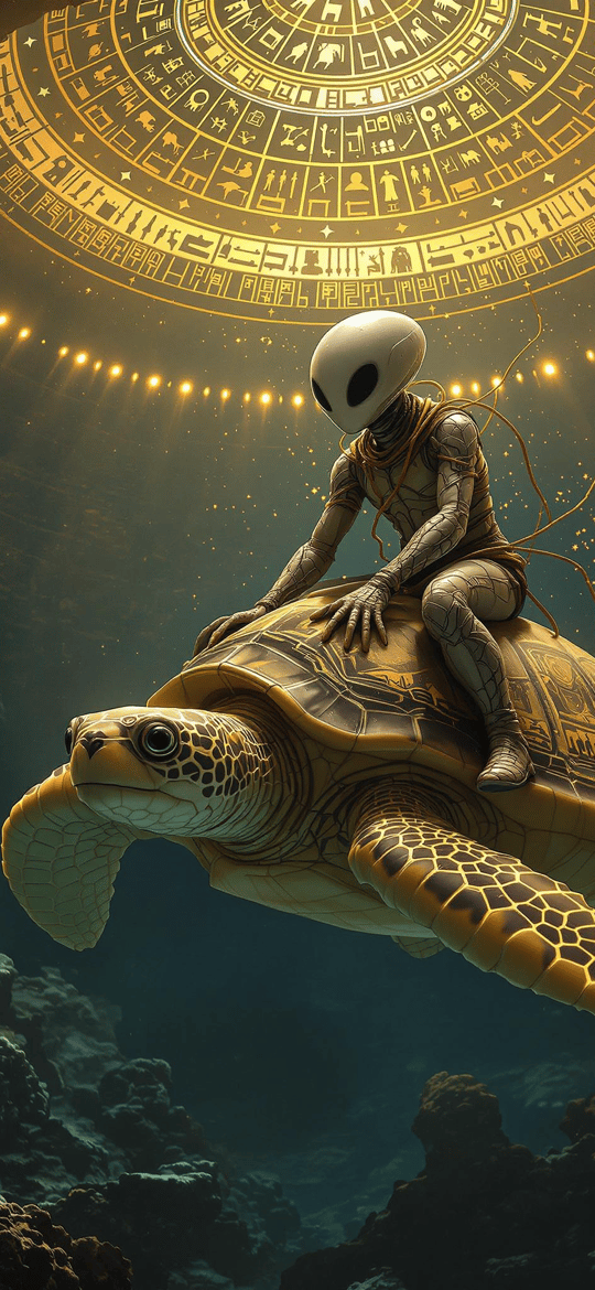 Astronaut Riding Turtle Under Glowing Portal