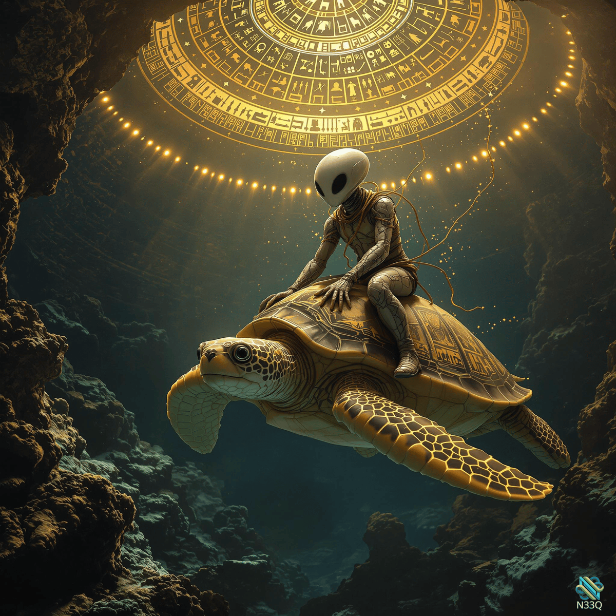 Astronaut Riding Turtle Under Glowing Portal