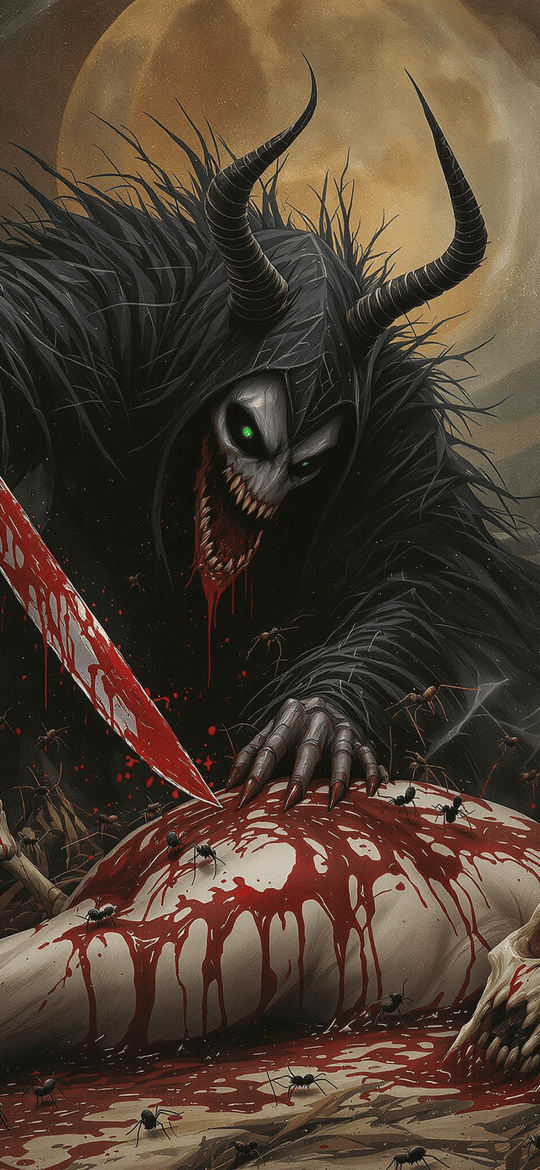 Horned Demon Over Bloody Corpse with Skulls
