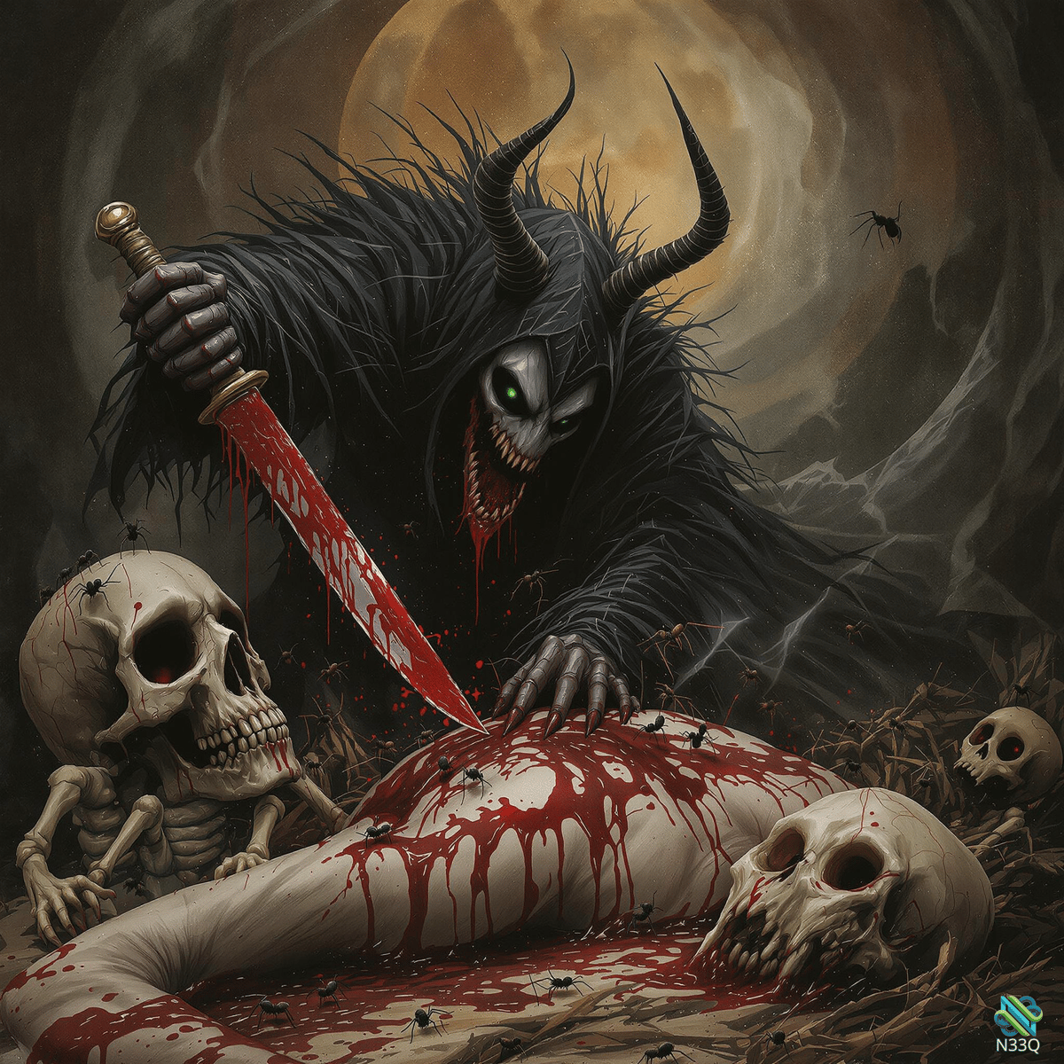 Horned Demon Over Bloody Corpse with Skulls