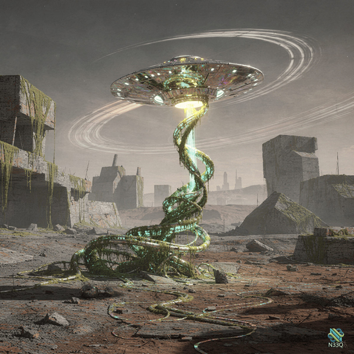 UFO with Spiral Vines in Ruined City
