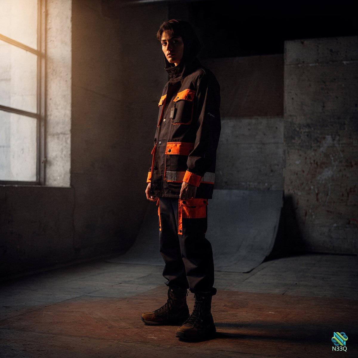 Young Man in Orange Workwear in Concrete Warehouse