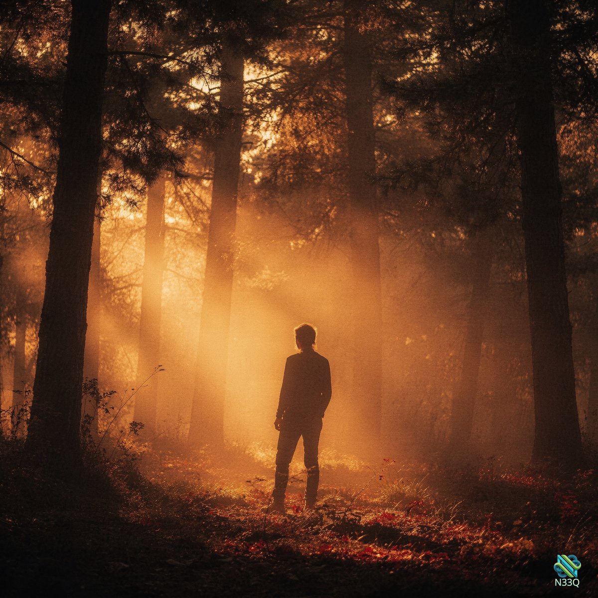 Man in Golden Misty Forest Sunbeams