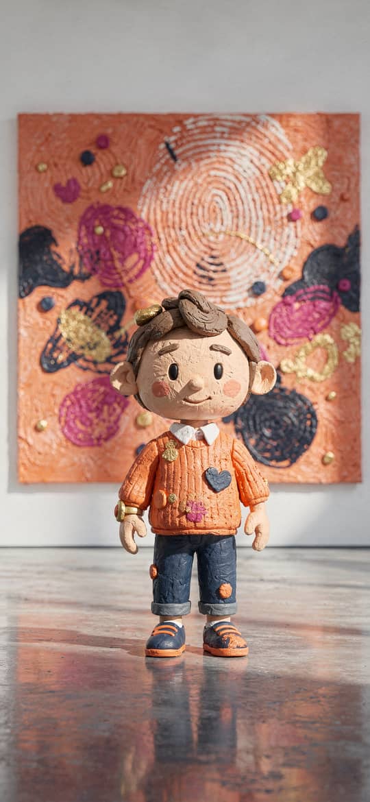 Boy Doll Before Orange Abstract Painting