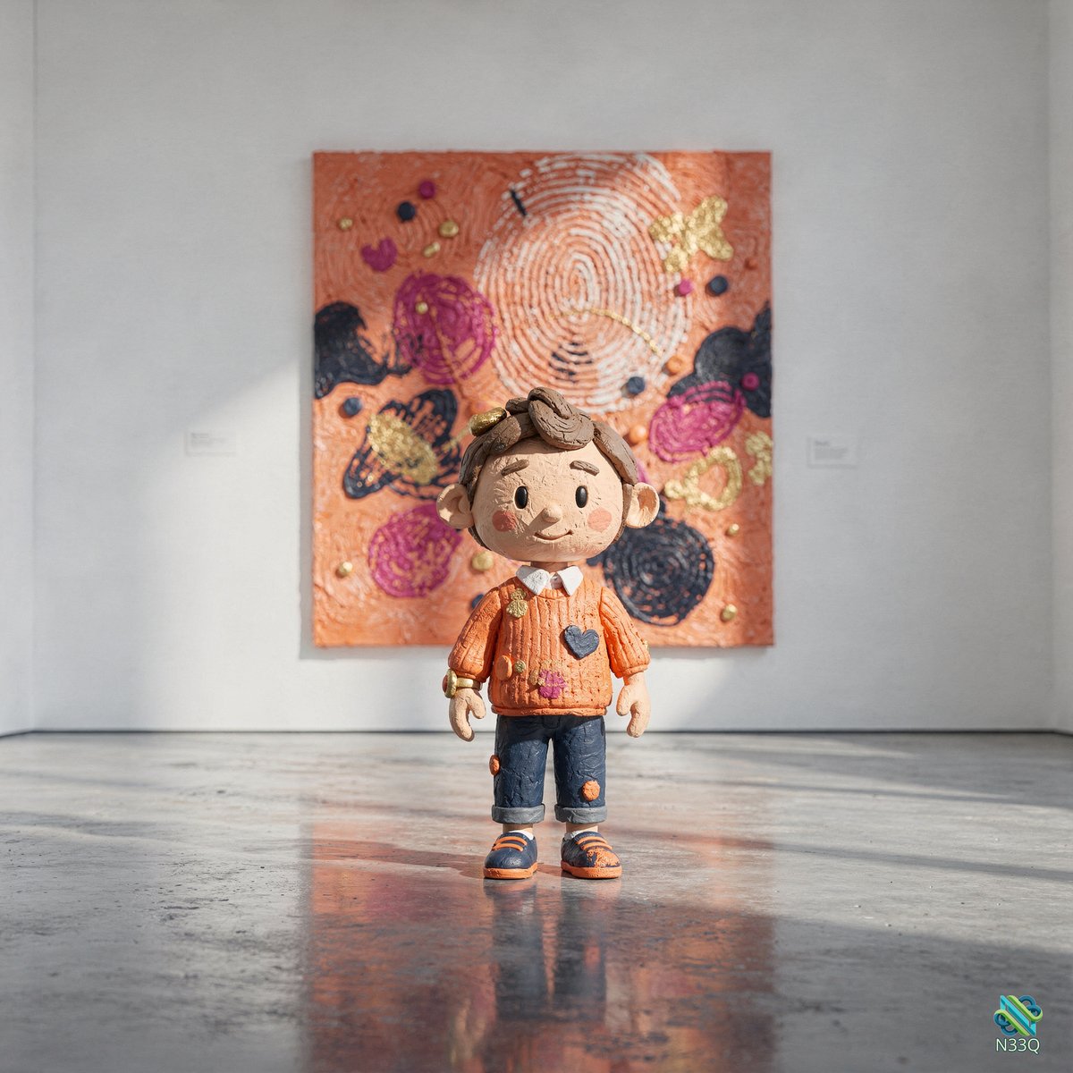 Boy Doll Before Orange Abstract Painting