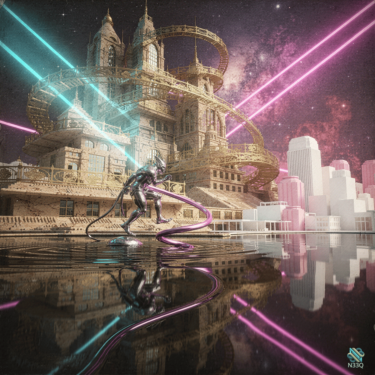 Cyborg with Energy Tendrils Before Neon Cathedral