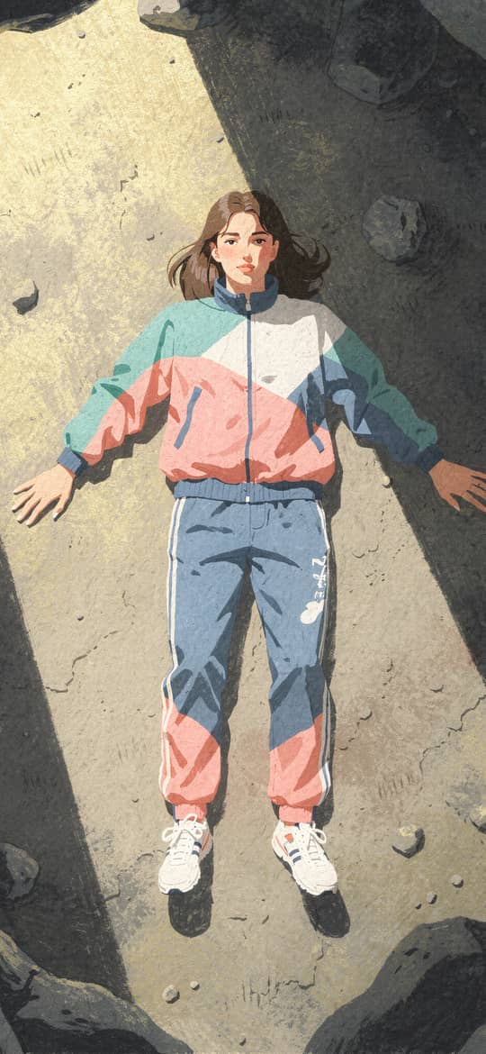 Woman in Tracksuit Lying in Rocky Pit
