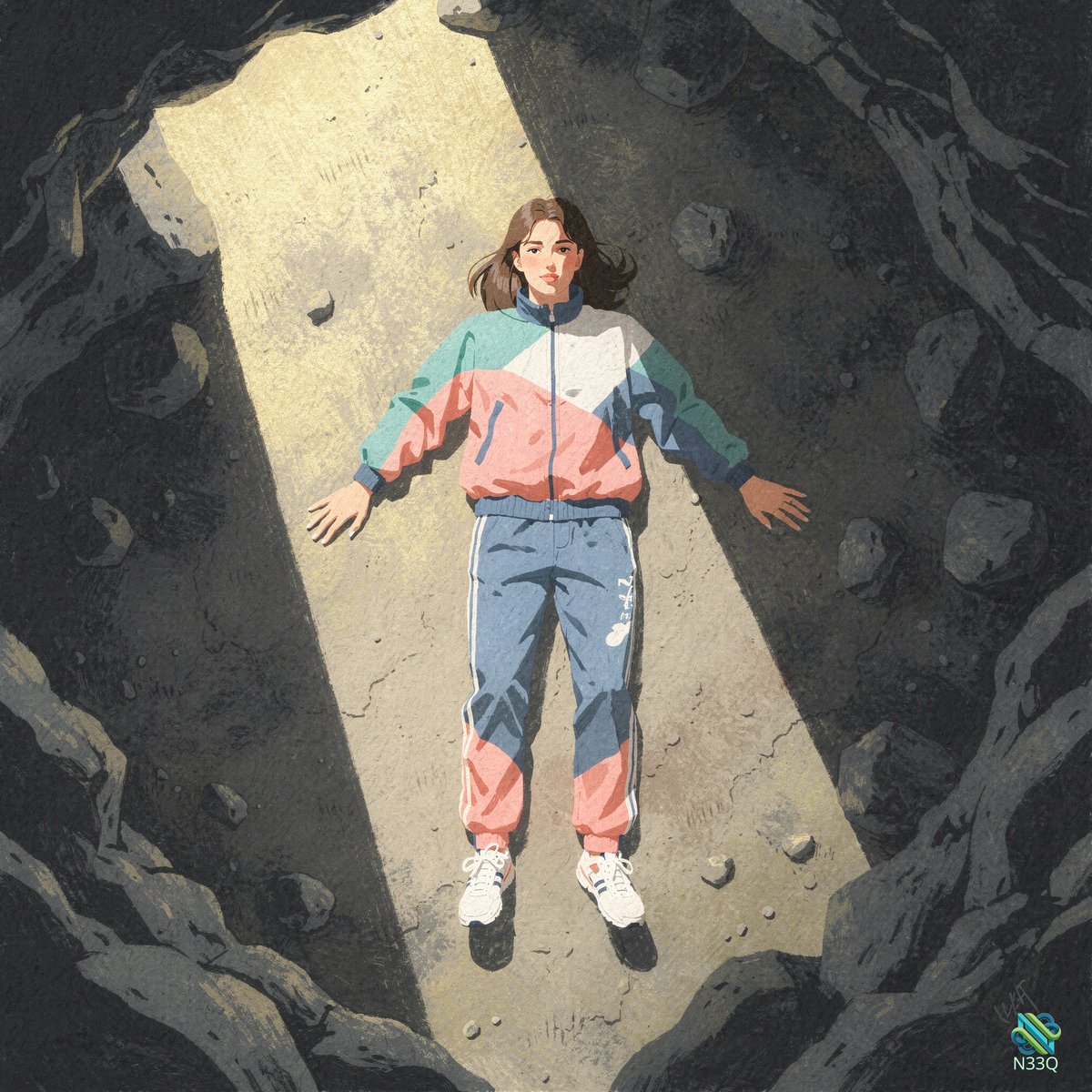 Woman in Tracksuit Lying in Rocky Pit