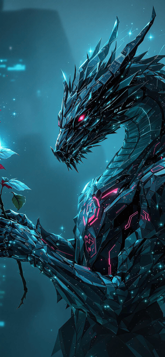 Cybernetic Dragon Holding Red Rose