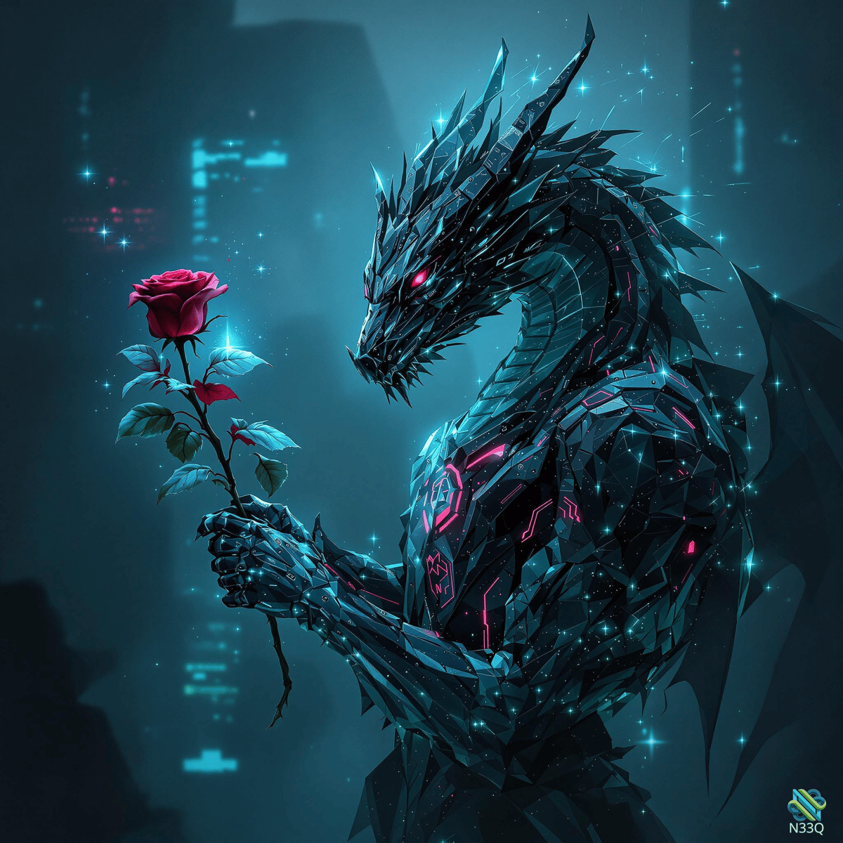 Cybernetic Dragon Holding Red Rose