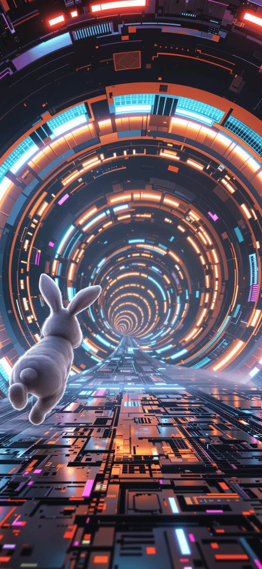 White Rabbit in Neon Cyber Tunnel