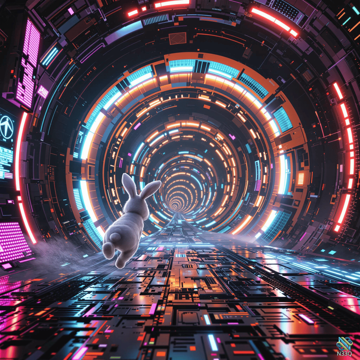 White Rabbit in Neon Cyber Tunnel