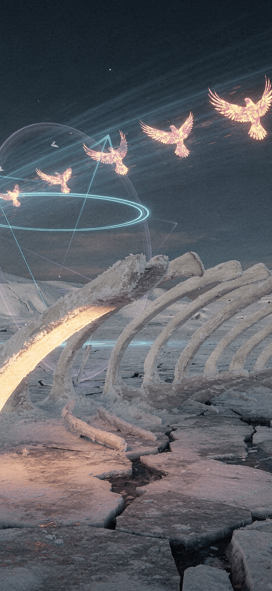 Glowing Birds over a Giant Ribcage on Cracked Ice