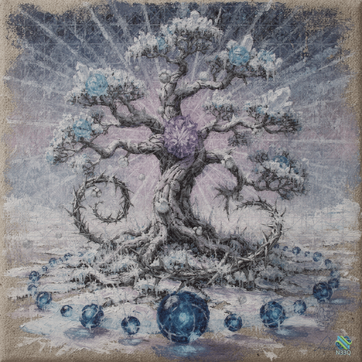 Mystical Tree with Blue Crystals and Orbs