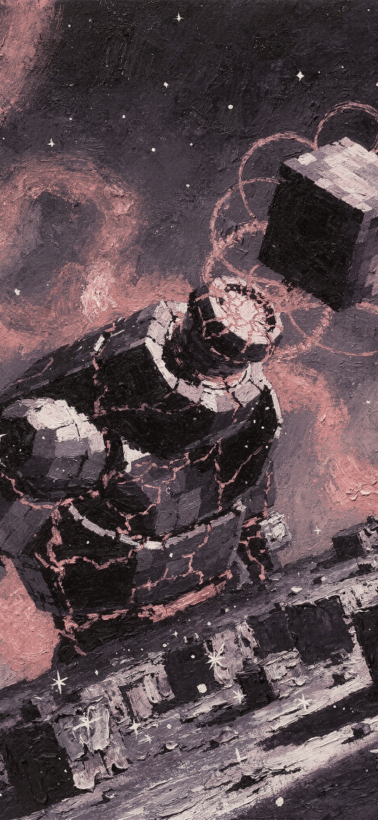Robot with Orbiting Cube Over Ruined City