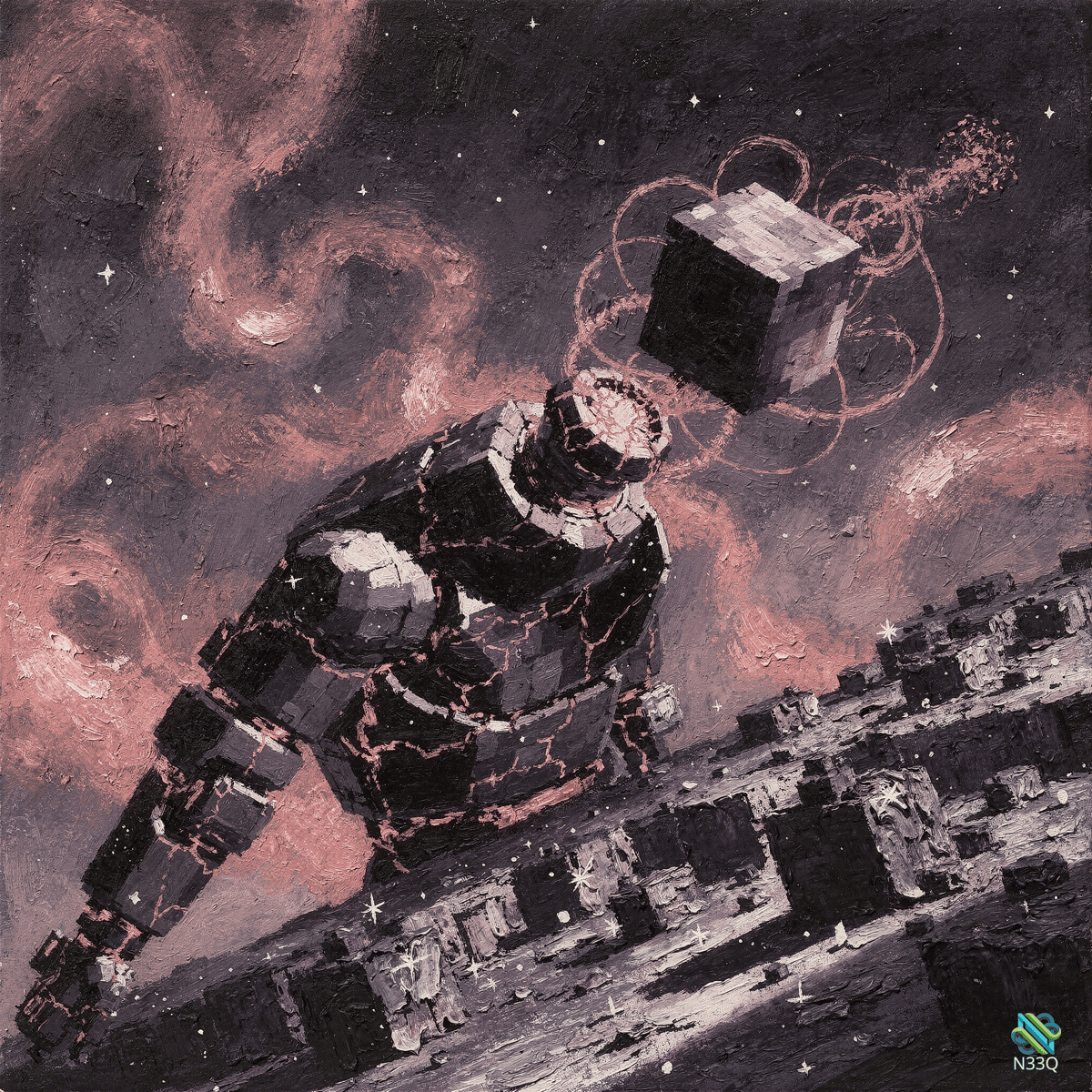 Robot with Orbiting Cube Over Ruined City