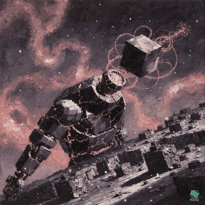 Robot with Orbiting Cube Over Ruined City