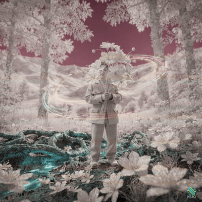 Figure with Flower Head in Pink Forest